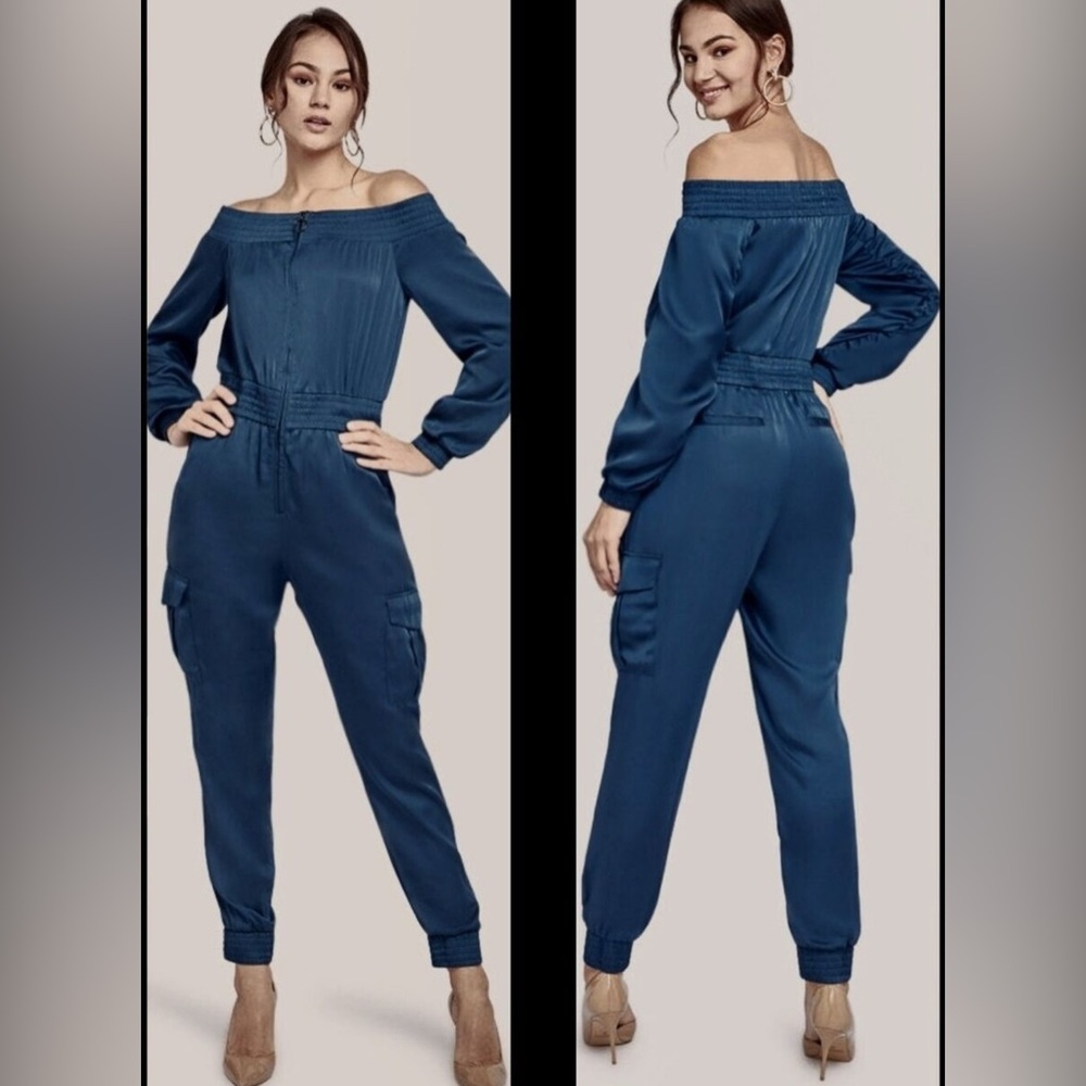 BCBGMaxAzria OTS Satin Blue Jumpsuit XXS